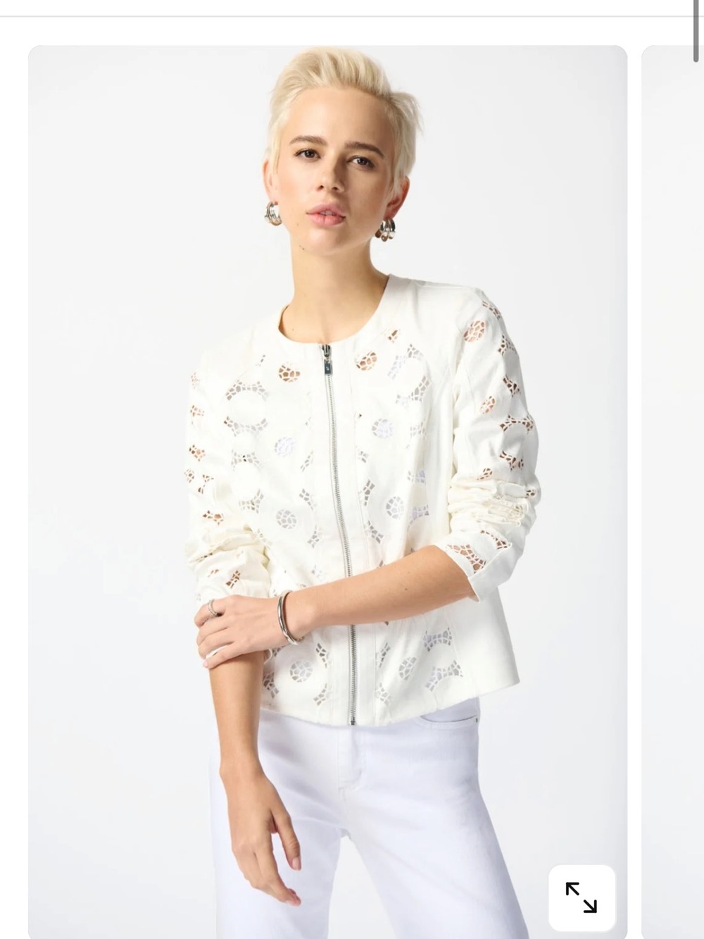 Joseph Ribkoff White Eyelet Zip-Front Bomber Jacket
